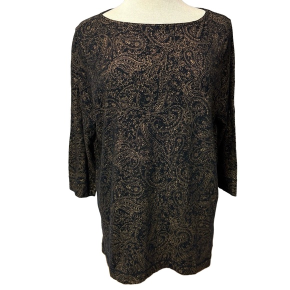 Lauren Ralph Lauren Womens 1X Black Gold Metallic Paisley Cotton Top 3/4 Sleeves - Picture 1 of 5